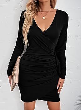 BTFBM Women’s Fashion Wrap V Neck Dresses Long Sleeve Solid Color Bodycon Ruched Elegant Fall P... | Amazon (US)