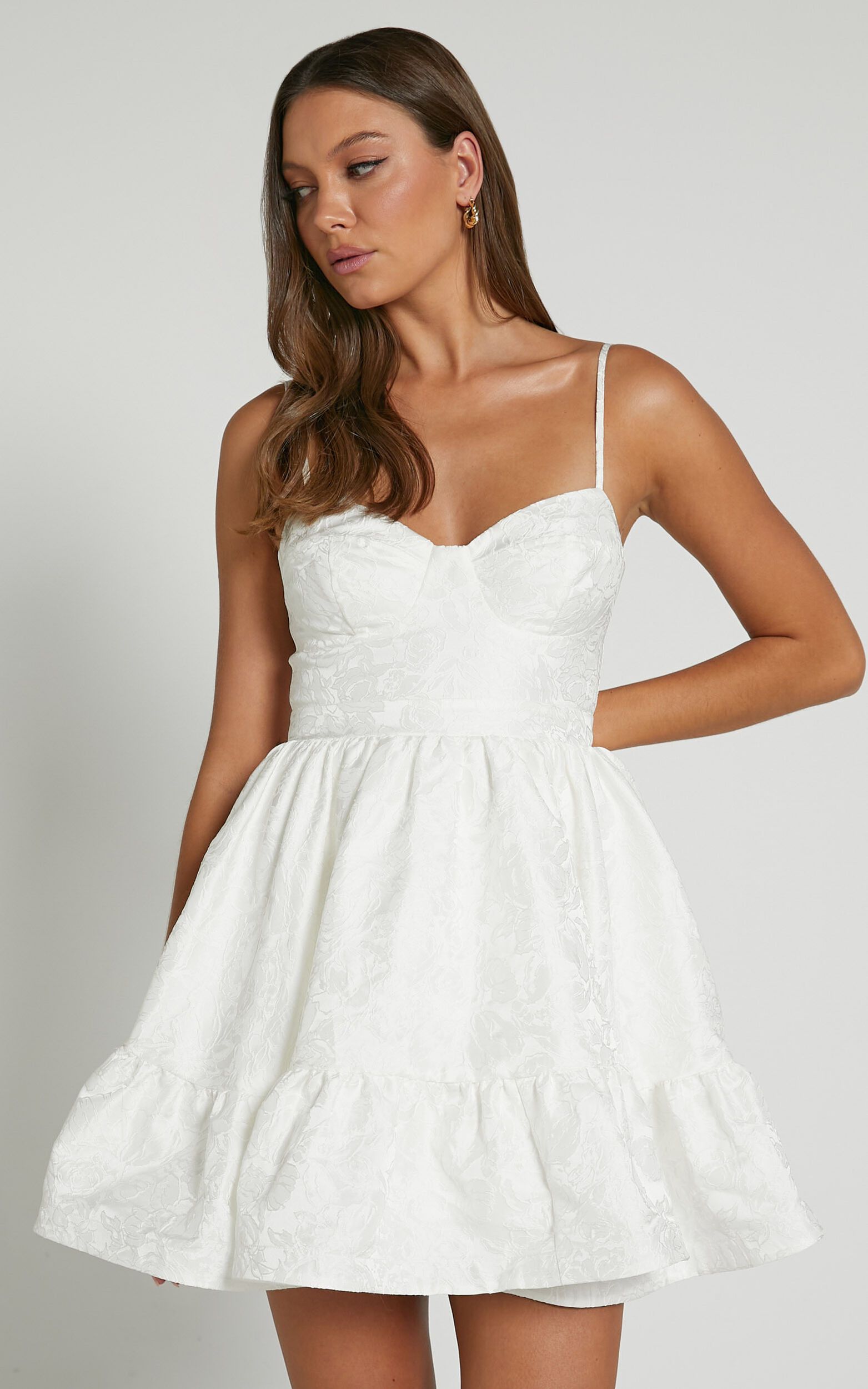 Kena Mini Dress - Jacquard Bustier Dress in White | Showpo (US, UK & Europe)