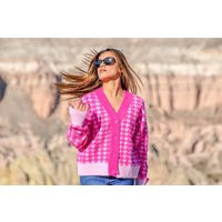 Handknit Houndstooth Patterned Wool Sweater Cardigan - Pink V Neck, Buttoned Closure, Soft Long Sleeve | Etsy (US)