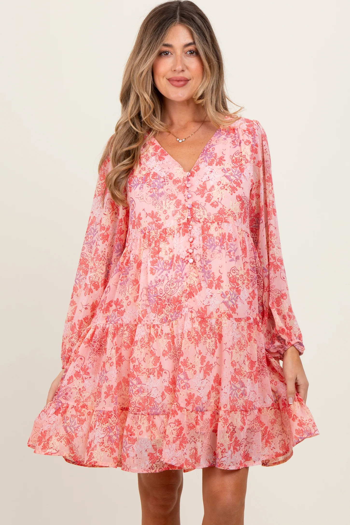 Pink Floral Chiffon Babydoll Long Sleeve Maternity Dress | PinkBlush Maternity