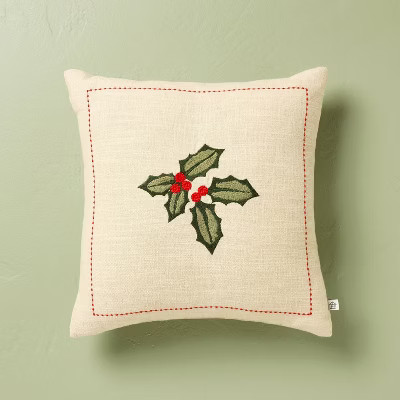 16"x16" Holly & Berries Embroidered Christmas Throw Pillow - Hearth & Hand™ with Magnolia | Target