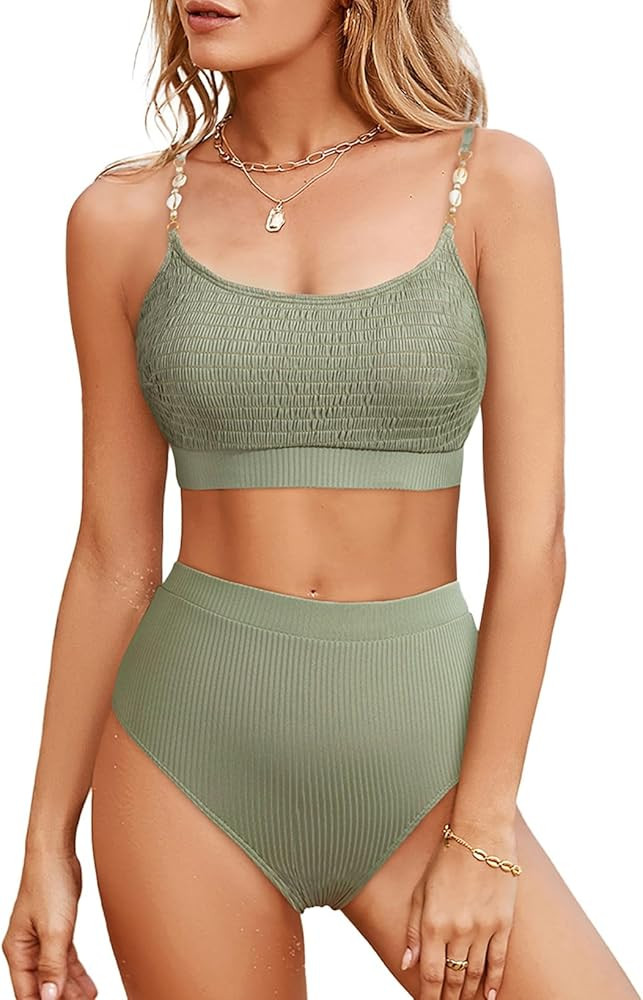 Herseas Women's 2 Piece Bikini Set Shirred Solid Color High Waisted Shell Strap 2025 Summer Beach... | Amazon (US)