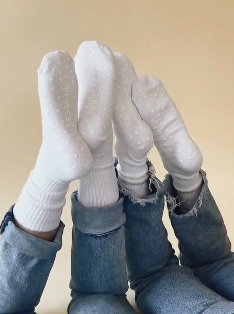 Bridal party crew grippy socks for Pilates, yoga, barre + exercise. Bridal party / bridesmaid proposal gift idea.

#LTKWedding #LTKActive #LTKFallSale
