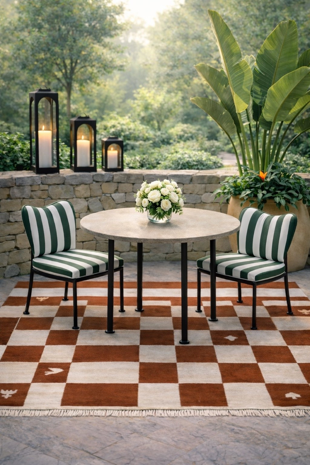 Morning glow hits differently in spring 🌿

There’s something about soft early light filtering through fresh green leaves that makes an outdoor dining moment feel intentional, calm, and alive. I kept the styling minimal so the furniture could really speak.

The round stone dining table grounds the space beautifully — clean, timeless, and the perfect neutral against all that spring green. Centered with a low floral, it feels effortless but polished.

But let’s talk about these dining chairs. The curved back silhouette is so graceful — almost windswept. That soft arch detail gives them movement and femininity, while the bold green stripe keeps everything crisp and tailored. They feel structured, but not stiff. Comfortable, but elevated.

And that rug — the bold geometric outdoor rug is what really energizes the space. The rust checker pattern adds warmth and contrast against the green garden backdrop, bringing life and personality to the patio. It turns a simple setup into a statement.

The black lanterns layered along the stone wall add that subtle architectural height (and would glow beautifully at night), while the oversized organic planter keeps everything feeling lush and grounded. I love mixing structured pieces with something a little more natural and sculptural.

Spring mornings like this make outdoor living feel like an extension of the home.

#LTKhome #LTKoutdoor #OutdoorDining #SpringEntertaining #PatioStyle #GardenLiving #OutdoorRug #StripedChair #MorningGlow #SpringVibes

#LTKHome