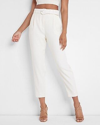 Super High Waisted Linen-Blend Belted Pleated Ankle Pant | Express