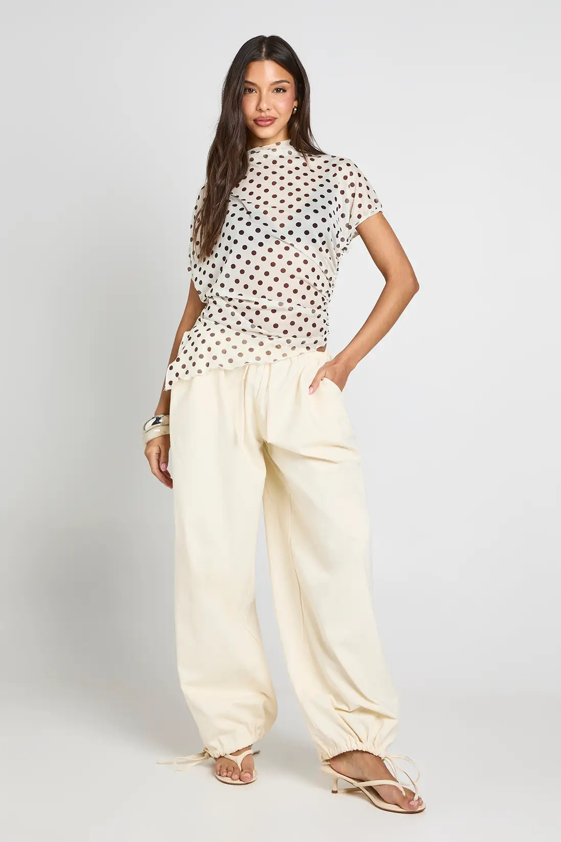 Cream Mesh Polka Dot High Neck Ruched Side Asymmetric Top | Boohoo | Boohoo.com (UK & IE)