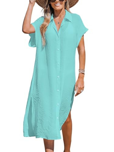 CUPSHE Women Cover-Up Dress Button-Front Shirt Dress Maxi Cover Ups Casual Summer Beach Short Sleeve Long Cover Ups Light Green, S | Amazon (US)