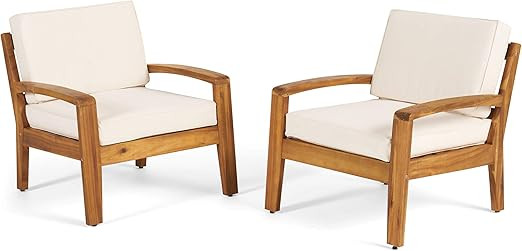 GDFStudio Parma Outdoor Acacia Wood Club Chairs with Cushions (Set of 2), Teak and Beige | Amazon (US)