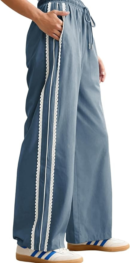 Yeokou Women's Wide Leg Sweatpants Side Stripe Crochet Slip on Drawstring Casual Running Track Pa... | Amazon (US)