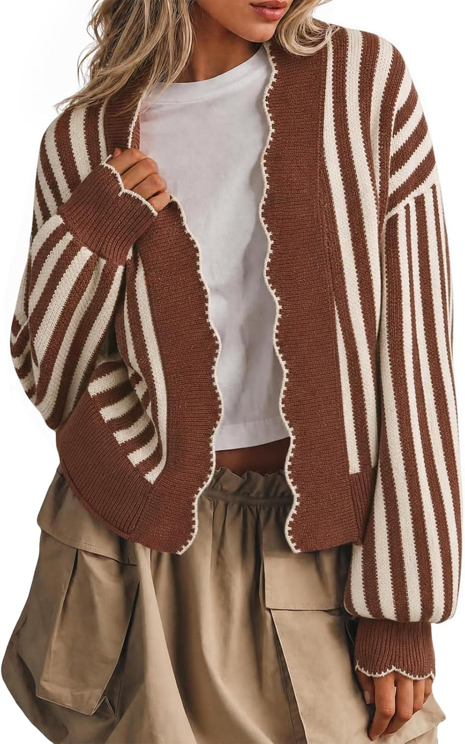 Women's Striped Cardigan Sweater Open Front Ruffle Long Sleeve | Amazon (US)