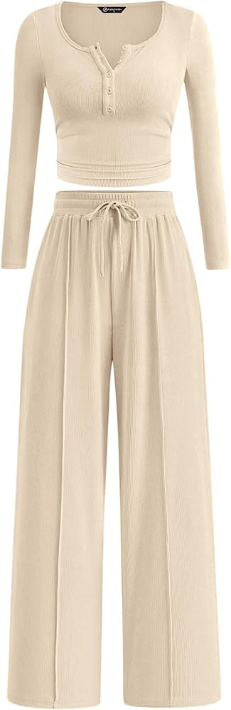 PRETTYGARDEN Women's 2025 Fall Trendy 2 Piece Outfits Lounge Sets Long Sleeve Top Henley Shirts W... | Amazon (US)