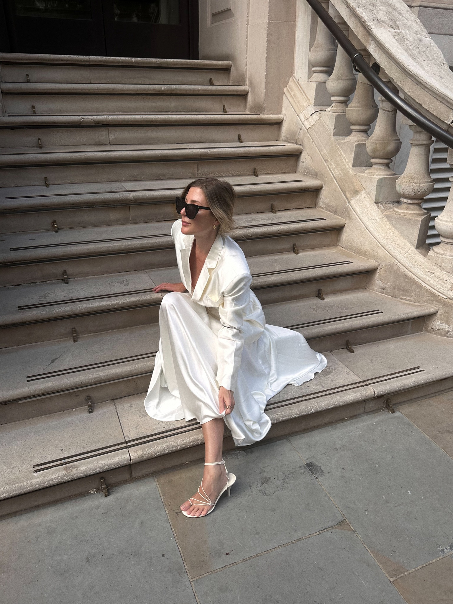 Satin outfit, cream outfit, cream blazer, satin blazer, cream skirt, maxi skirt, satin skirt, white heels, strappy heels, leather heels, minimal outfit, black cat eye sunglasses, black sunglasses , YSL, Reformation, Anine Bing, Rixo, Weekday, & Other Stories

#LTKSeasonal #LTKstyletip #LTKeurope