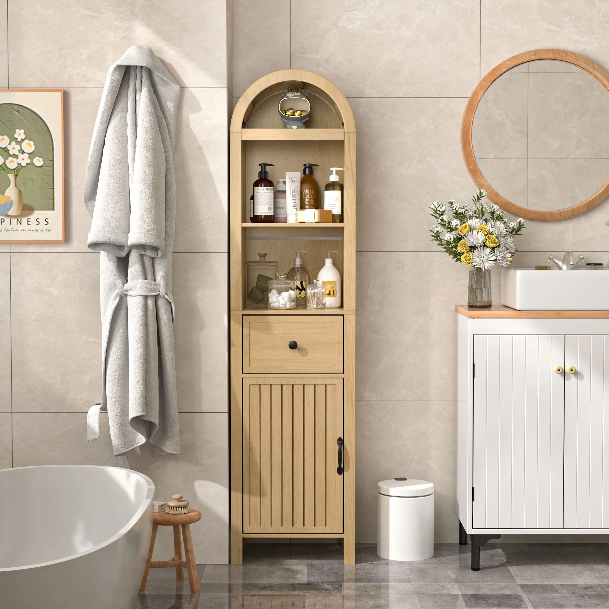 Freestanding Bathroom Cabinet, Narrow Tall Bathroom Storage Cabinet With Fluted Doors And Drawers | Wayfair North America