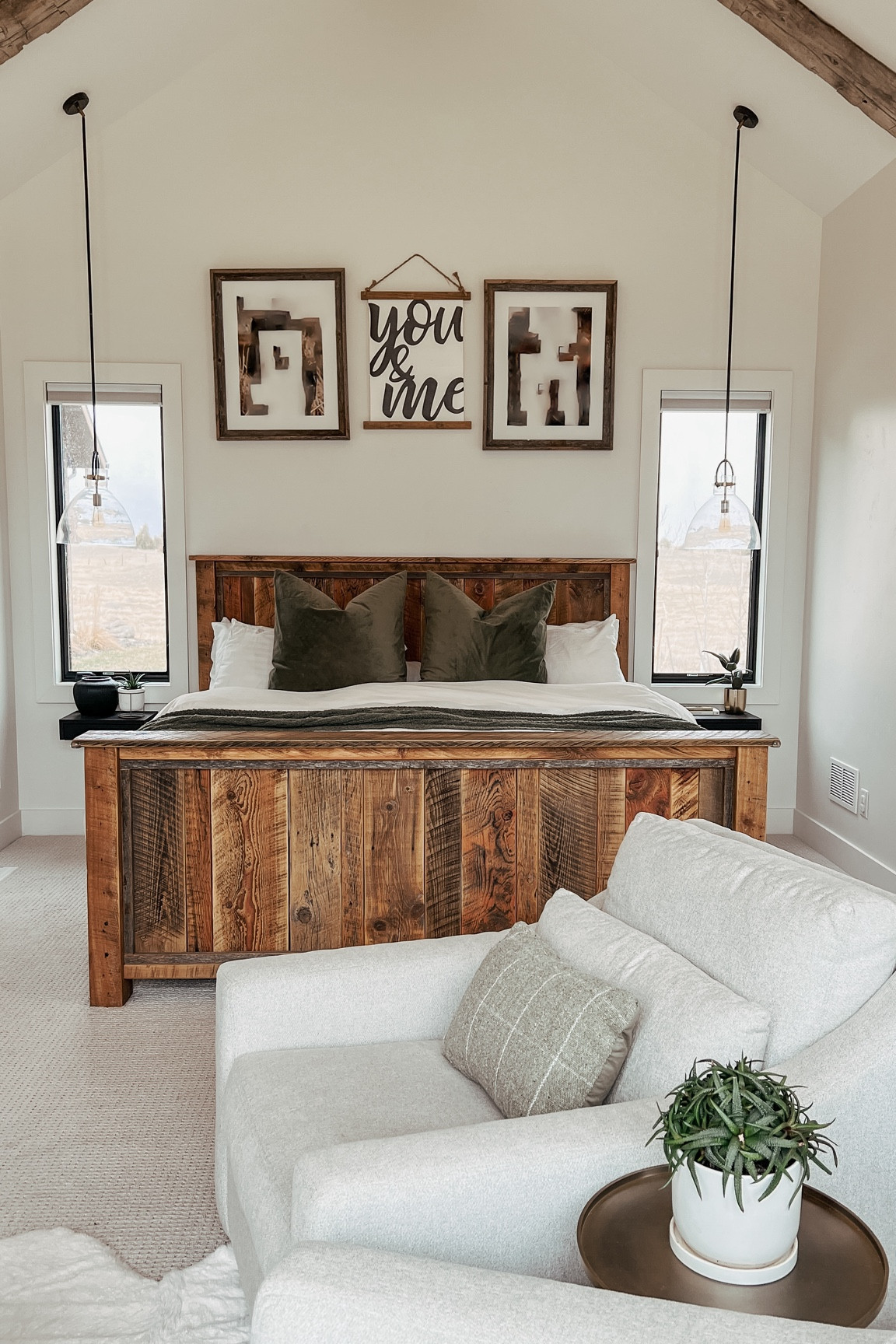 Our master bedroom view from the OTHER side!

Master bed, master bed frame, comfy sitting chairs, hanging pendants, hanging lights, floating nightstands, floating side table

#LTKHome