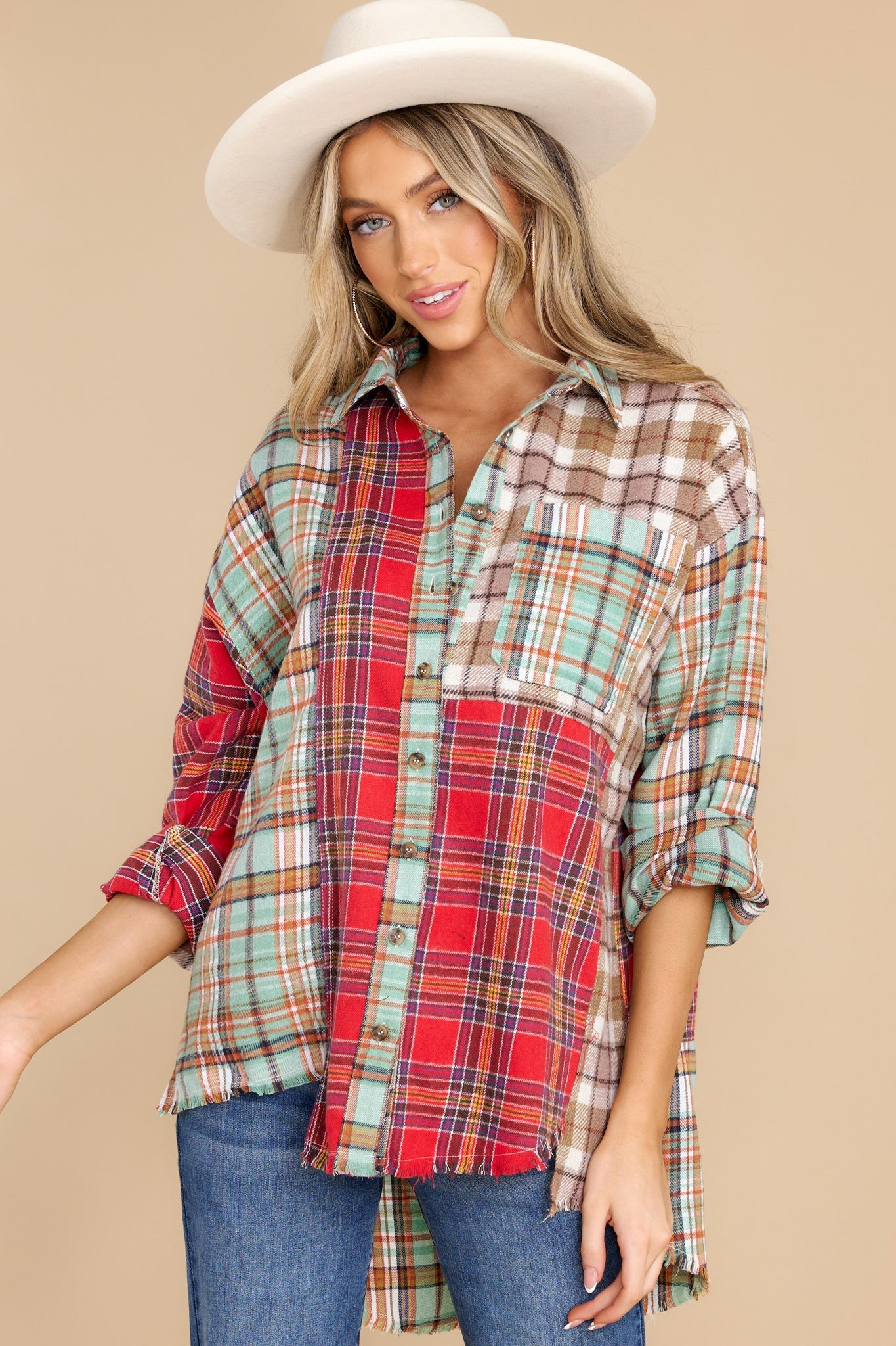 Genuine Article Light Green Plaid Top | Red Dress 