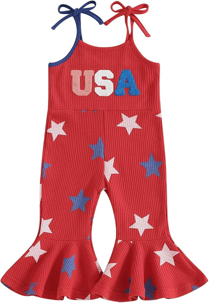 4th of July Toddler Girl Outfit USA Romper Spaghetti Strap Bell Bottom Jumpsuit Overall Baby Four... | Amazon (US)