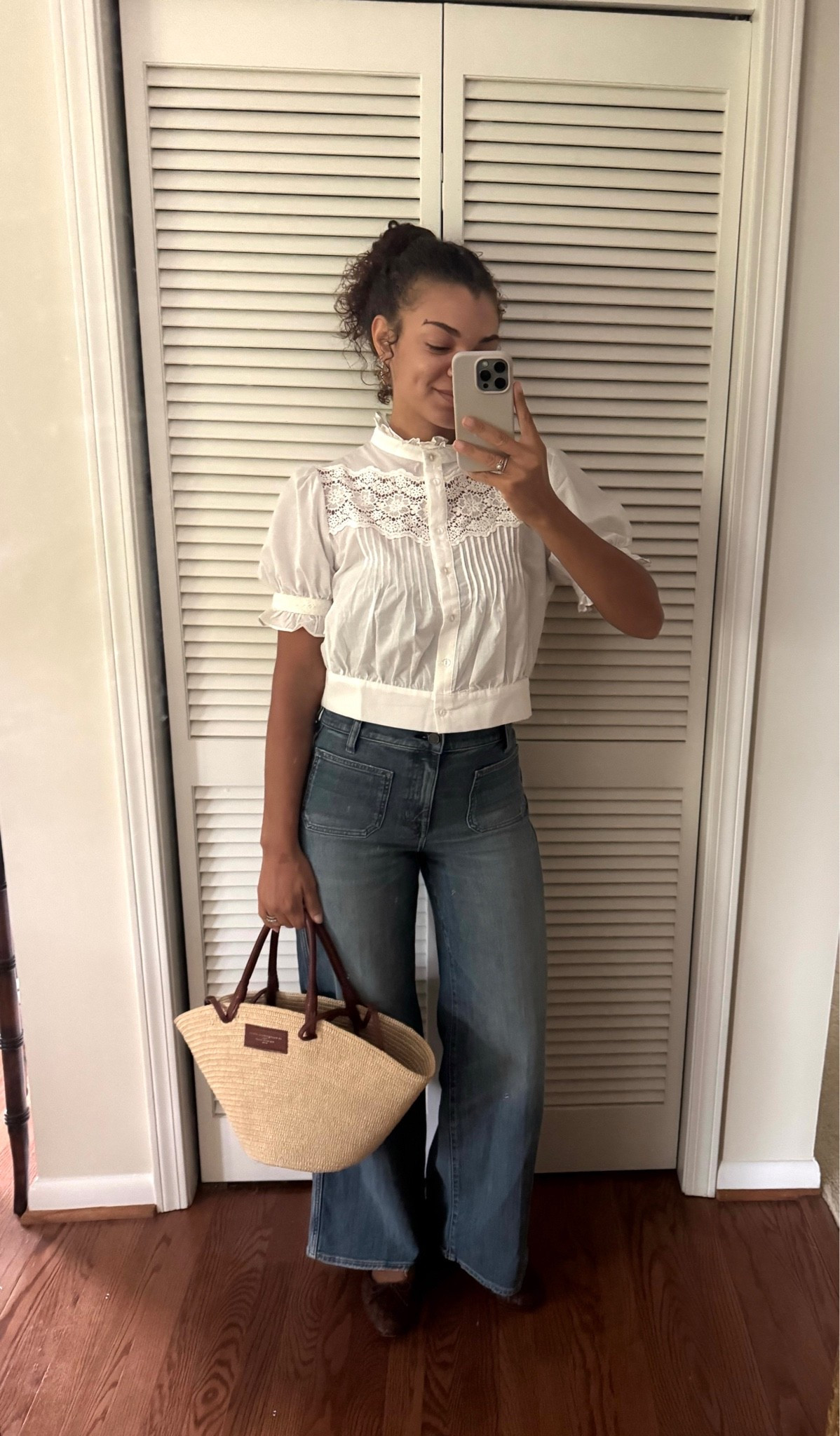 Summer jeans outfit with white puff sleeve blouse, straw bag, and woven Mary Jane flats

#LTKootd #LTKSeasonal