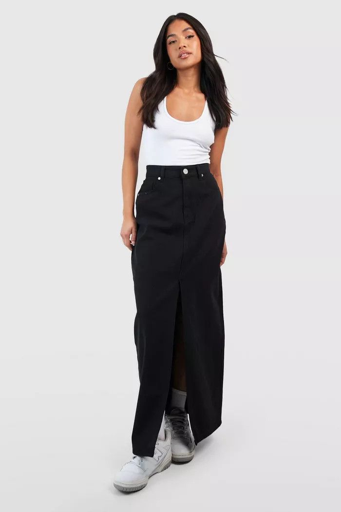 Petite Denim Split Front Maxi Skirt | Boohoo.com (US & CA)