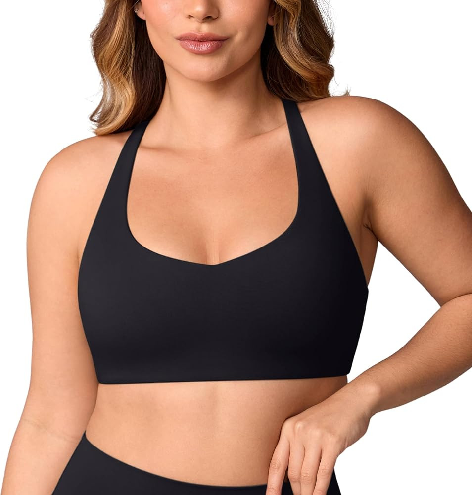 Hugcurve Adjustable Cross Back Sports Bra for Women V Neck Twist Back Padded Yoga Workout Top | Amazon (US)