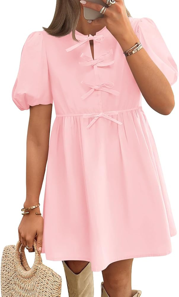 ZESICA Women's Summer Short Sleeve Tie Front Mini Dress Cute Babydoll Ruffle Pleated A Line Tunic... | Amazon (US)