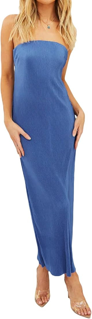 Biayxms Women’s Casual Tube Tops Dress Fashion Solid Color Off-Shoulder Hollow Skinny Slit Long... | Amazon (US)