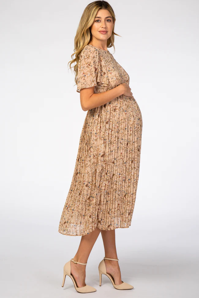 Beige Floral Pleated Short Sleeve Chiffon Maternity Midi Dress | PinkBlush Maternity
