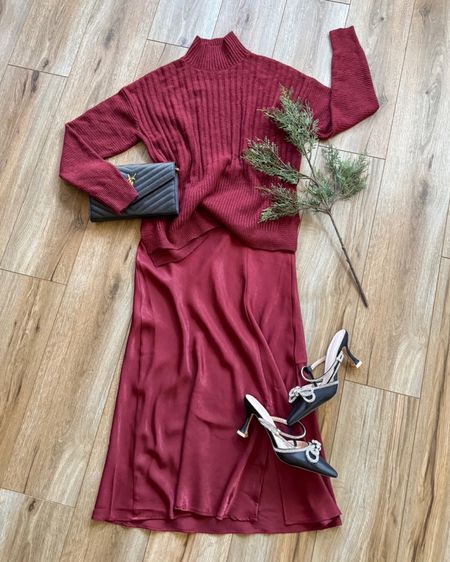 Holiday outfit. Midi skirt. Holiday party outfit. Maroon outfit. Black heels. 

#LTKparties #LTKHoliday #LTKSeasonal