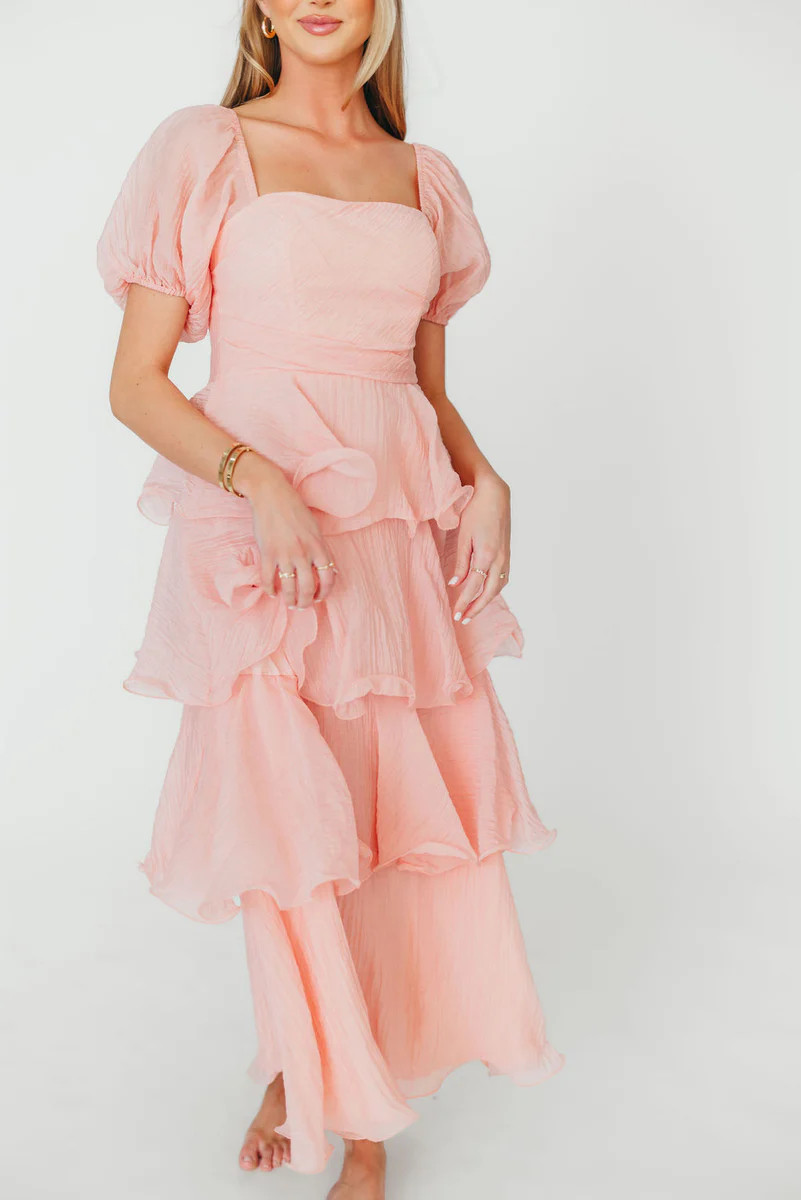 Ashlyn Tiered Ruffle Midi Dress in Baby Pink | Worth Collective