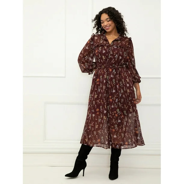 ELOQUII Elements Women's Plus Size Midi Shirtdress With Ruffles - Walmart.com | Walmart (US)