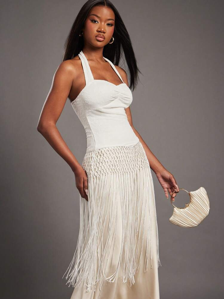 NYA SZN Top Sleeveless Halter Neck Buttons Cinch Fringe White Floral Pattern Easter Warm Weather St. Patrick's Day Spring Break Spring Summer Vacation Travel Beach Event Party Luxury Carnival Going Out Boho Outfits For Women | SHEIN