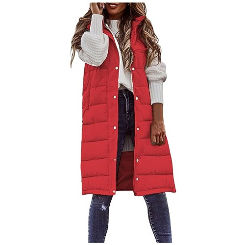 Smoneyful Women's Long Vest Sleeveless Lightweight Puffer Jacket Packable Hooded Down Coat Quilted Vest with Hood Winter Red | Amazon (US)