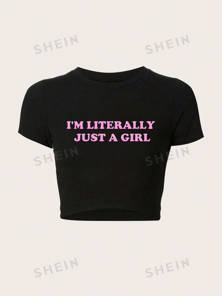 Tekst Geprint Cropped Slank T-shirts | SHEIN