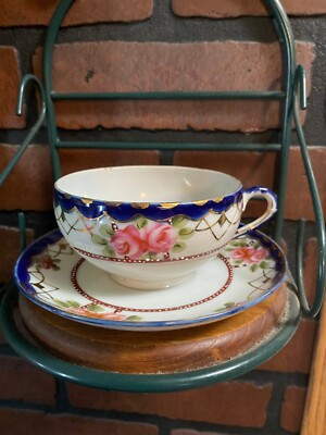 Hand painted in Japan Pink floral with blue and gold trim tea cup and saucer 2 | eBay US