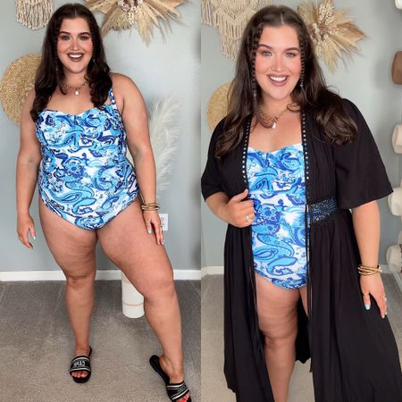 Curvy affordable Amazon one piece swimsuit 🌴🌊💙 Paisley print, black kimono coverup, sandals. Both size XXL

#LTKSeasonal #LTKswim #LTKplussize