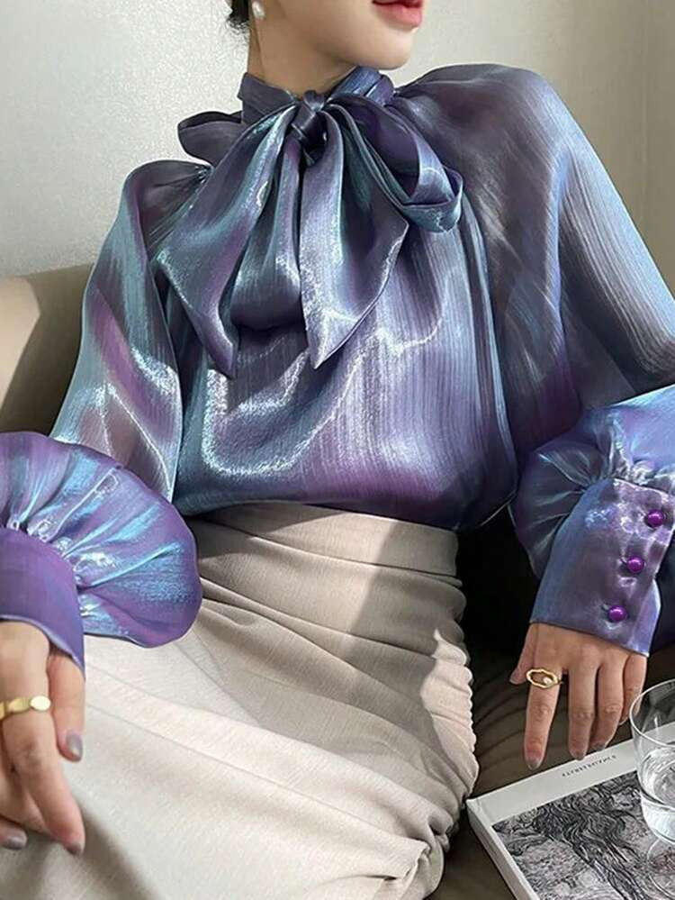 Elegant & Fashionable High Neck Puff Sleeve Long Sleeve Vintage Collar With Tie Shirt | SHEIN