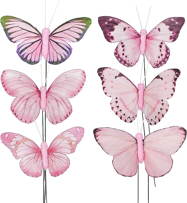 Berfutall-Artificial Feather 3D Butterfly Party Decorations Set of 12 with Wire 6 Pink Color Orna... | Amazon (US)