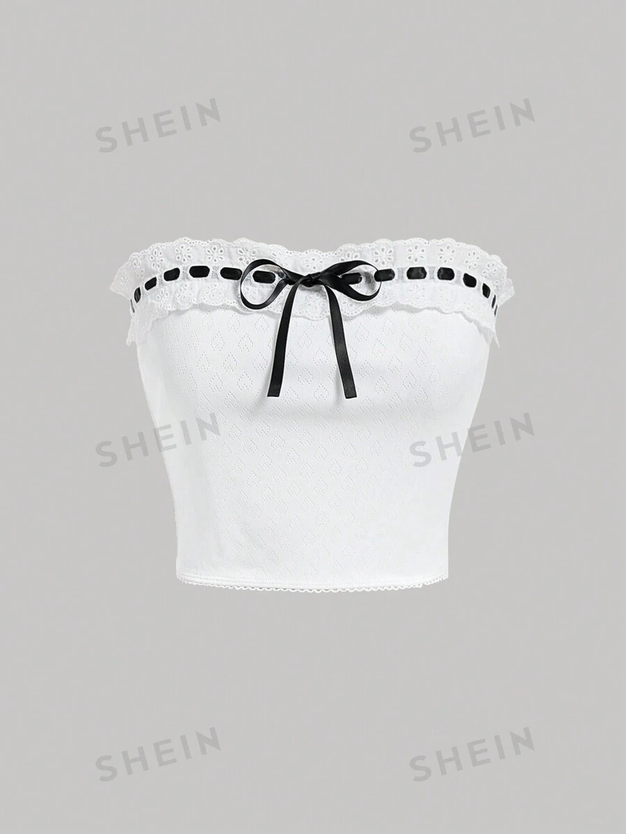 SHEIN MOD Ladies' Color Block Cropped Bandeau Top Decorated With Eyelet Embroidery And Ruffle Hem... | SHEIN