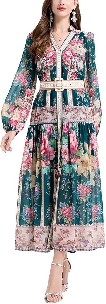 Women's Puff Sleeves V Neck Chiffon Floral Dress Elegant Casual A Line Maxi Dresses with Belt | Amazon (US)