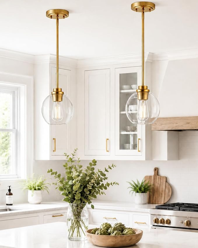 Brass Pendant Lights Kitchen Island 2 Pack, Farmhouse Gold Pendant Light with Clear Glass Globe S... | Amazon (US)