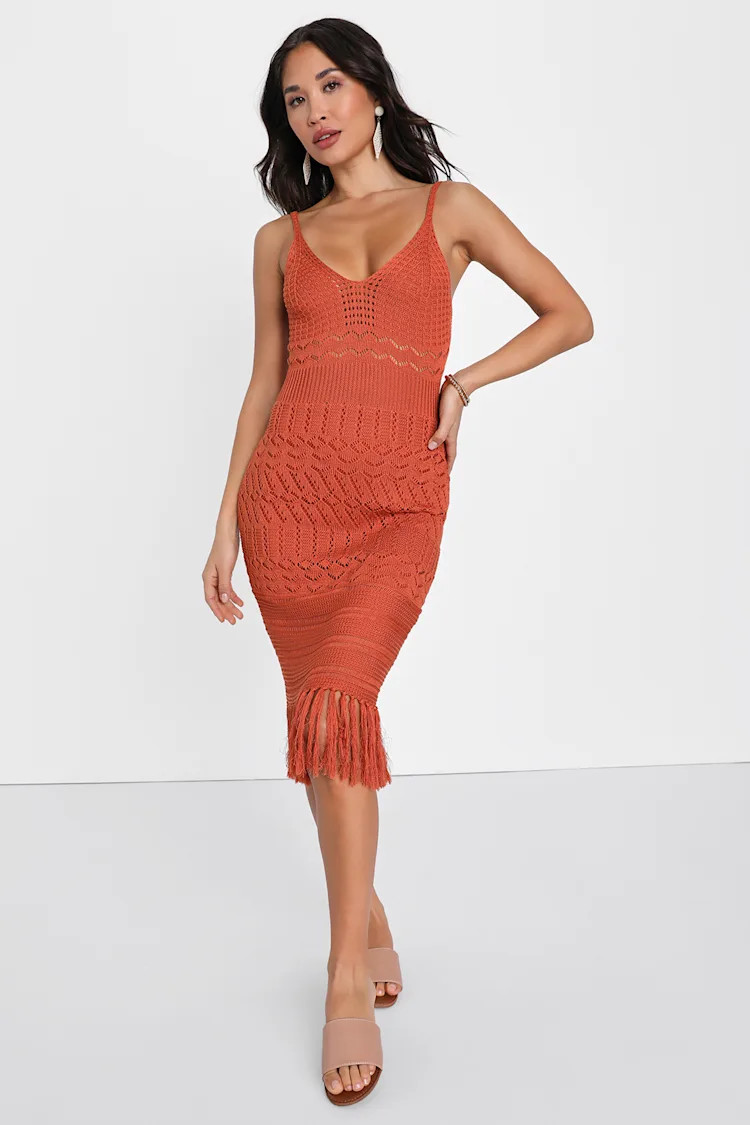 Boho Baddie Rust Orange Crochet Fringe Bodycon Midi Dress | Lulus (US)