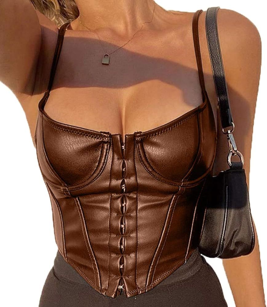 Women Sexy Fuax Leather Spaghetti Strap PU Overbust Corset Halter Boned Bustiers Crop Top | Amazon (US)