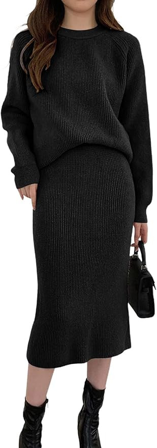 chouyatou Women's Two Piece Sweater Skirt Sets Knit Sweater Top Bodycon Skirt 2 Piece Outfits | Amazon (US)
