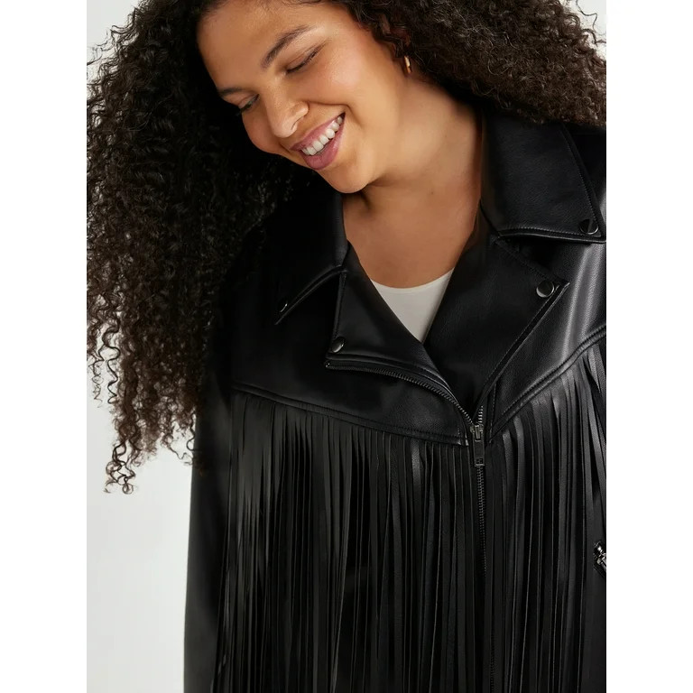 Sofia Jeans Women's Plus Size Faux Leather Asymmetrical Zip Cropped Fringe Jacket, Sizes 1X-5X | Walmart (US)