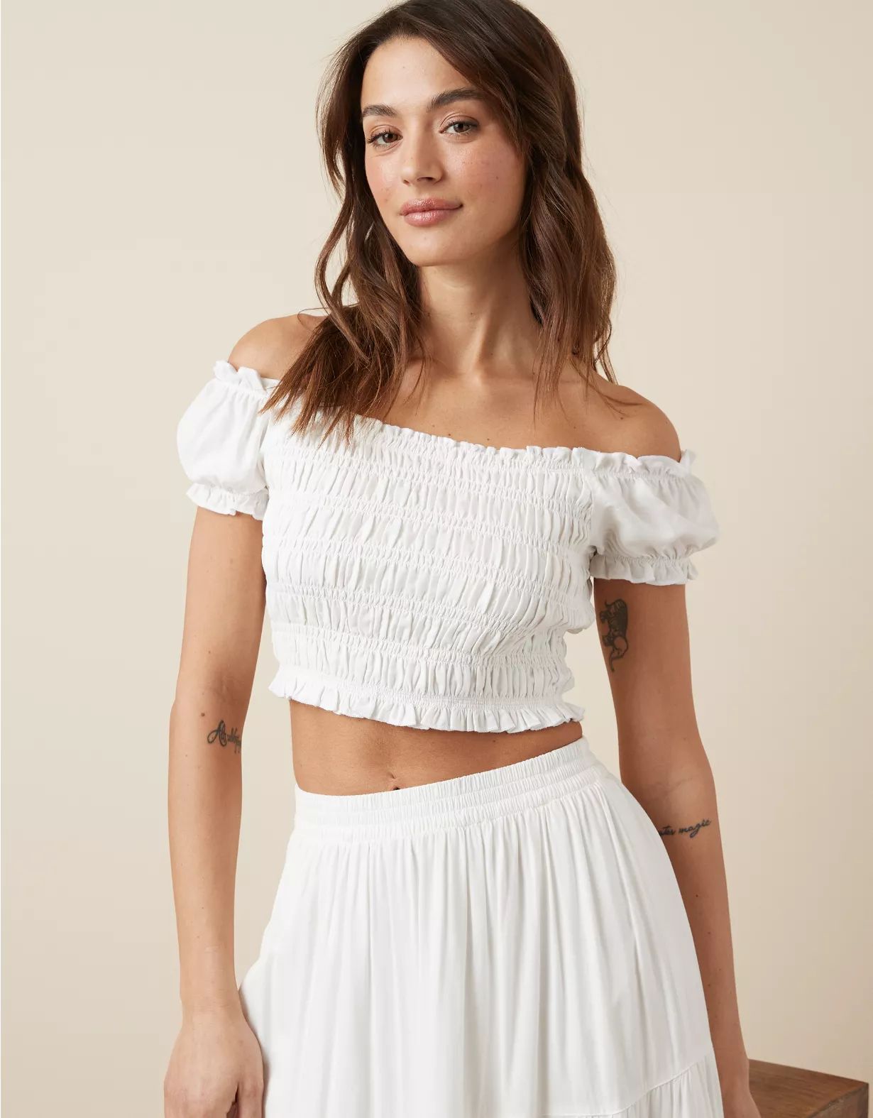 AE Off-The-Shoulder Cropped Smocked Top | American Eagle Outfitters (US & CA)