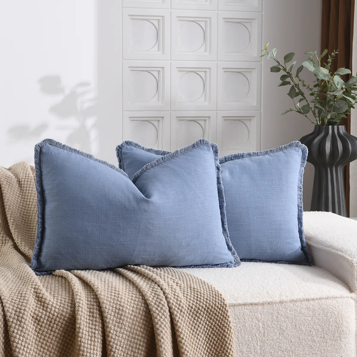 Washed Linen Textured Boho Farmhouse Pillow Cover With Tassels Edge (Set of 2) | Wayfair North America