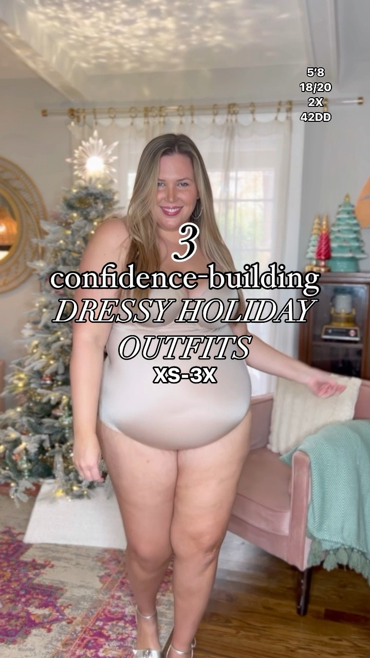 These pieces are on MEGA SALE right now and going fast (not including the last dress)!!! Wearing a 2X in everything and an 18W in the pants! The silver metallic dress and the sequin top have a lot of give. The top you can probably size down in! Use my spanx discount code for the shapewear ASHLEYDXSPANX - I actually like my regular 2x in these because they fit so well and don’t roll!

#LTKHoliday #LTKsalealert #LTKplussize