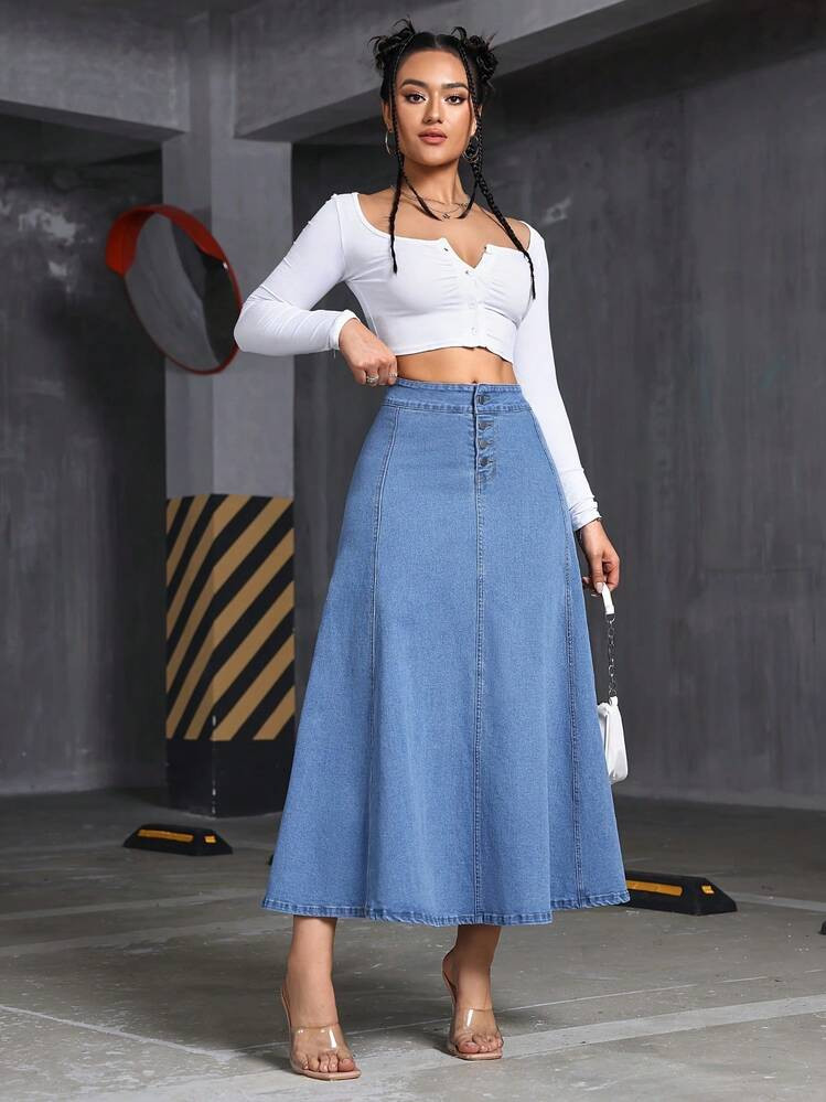 Women's Denim Big Wide Swing Dress Elastic Front Buckle Big Dress | SHEIN