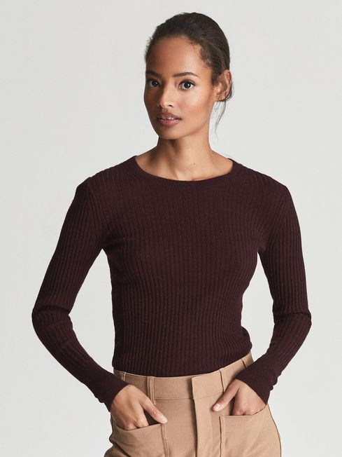 Reiss Burgundy Maeve Rib-Knitted Crew Neck Jumper | Reiss UK