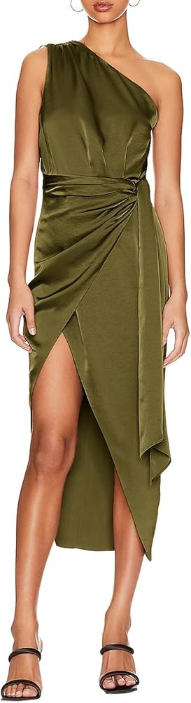 BerryGo Women's 2023 Satin One Shoulder Ruched Formal Midi Dress Sleeveless Bodycon Knot Belted W... | Amazon (US)