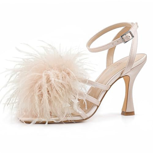 BCTEX COLL Women's Fluffy Feather Heeled Sandals Square Open Toe Ankle Strap Sexy Stiletto High Heels for Wedding Party Dance Evening, Nude, Size 6 | Amazon (US)